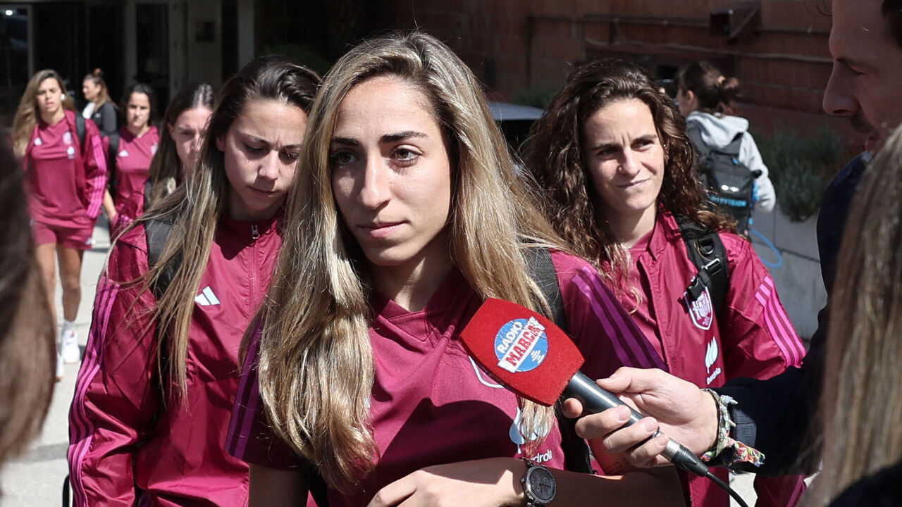 Spain's Olga Carmona and teammates leave after a meeting with new coach of Spain's female football team in a hotel in Madrid on September 19, 2023 ahead of the UEFA Nations League football matches against Sweden and Switzerland. Spain won the Women's World Cup in August but the four weeks since have been filled with controversy and turmoil after former president Luis Rubiales forcibly kissed midfielder Jenni Hermoso.