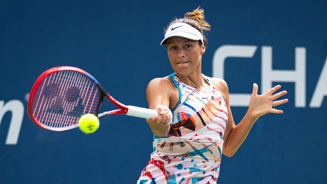 NEW YORK, NEW YORK - AUGUST 29: Tatjana Maria of Germany in action against Petra Martic of Croatia during the first round on Day 2 of the US Open at USTA Billie Jean King National Tennis Center on August 29, 2023 in New York City