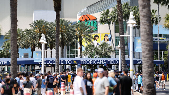 TAMPA, FL - MARCH 30: Fans wait in line outside the stadium prior to the game between the Detroit Tigers and the Tampa Bay Rays at Tropicana Field on Thursday, March 30, 2023 in Tampa, Florida.