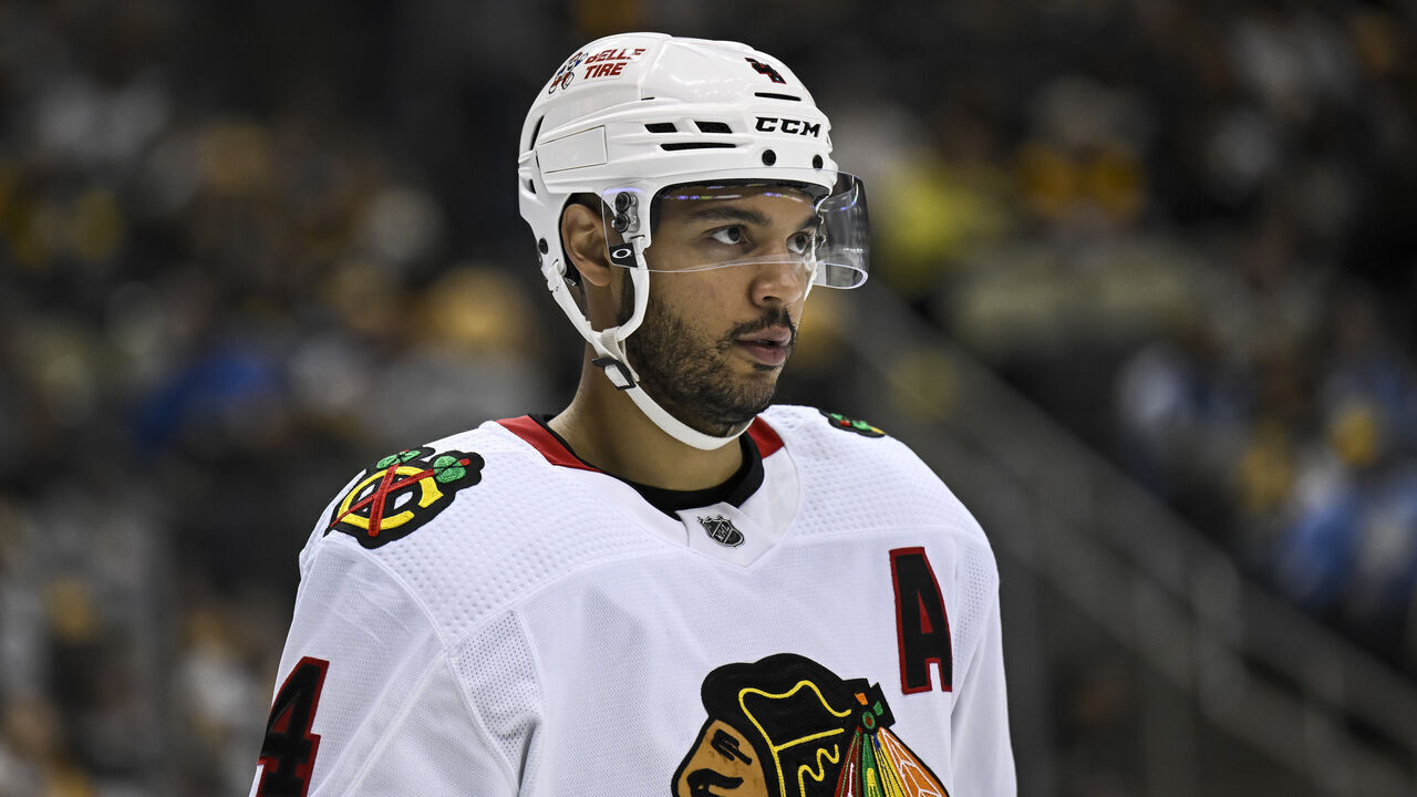 PITTSBURGH, PA - APRIL 11: Chicago Blackhawks Defenseman Seth Jones (4) looks on during the third period in the NHL game between the Pittsburgh Penguins and the Chicago Blackhawks on April 11, 2023, at PPG Paints Arena in Pittsburgh, PA.