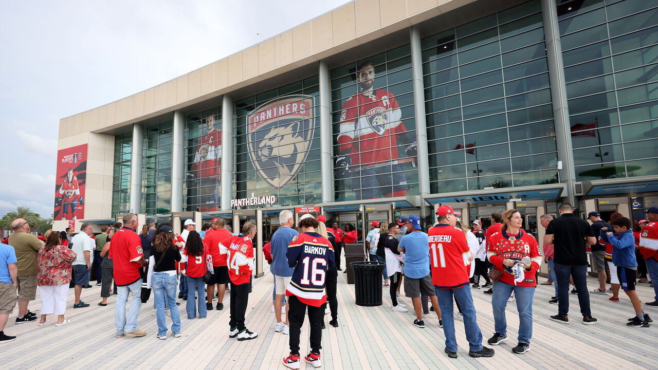 SUNRISE, FLORIDA - MAY 22: Fans gather outside the arena prior to Game Three of the Eastern Conference Final of the 2023 Stanley Cup Playoffs between the Florida Panthers and the Carolina Hurricanes at FLA Live Arena on May 22, 2023 in Sunrise, Florida.
