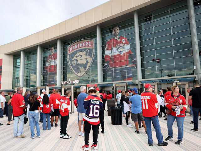 SUNRISE, FLORIDA - MAY 22: Fans gather outside the arena prior to Game Three of the Eastern Conference Final of the 2023 Stanley Cup Playoffs between the Florida Panthers and the Carolina Hurricanes at FLA Live Arena on May 22, 2023 in Sunrise, Florida.