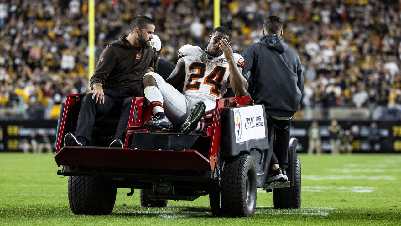PITTSBURGH, PENNSYLVANIA - SEPTEMBER 18: Nick Chubb #24 of the Cleveland Browns is carted off of the field after hurting his knee during the second quarter of the game against the Pittsburgh Steelers at Acrisure Stadium on September 18, 2023 in Pittsburgh, Pennsylvania.