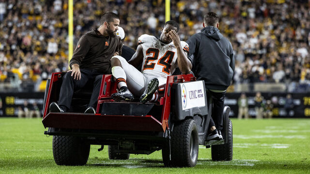 PITTSBURGH, PENNSYLVANIA - SEPTEMBER 18: Nick Chubb #24 of the Cleveland Browns is carted off of the field after hurting his knee during the second quarter of the game against the Pittsburgh Steelers at Acrisure Stadium on September 18, 2023 in Pittsburgh, Pennsylvania.