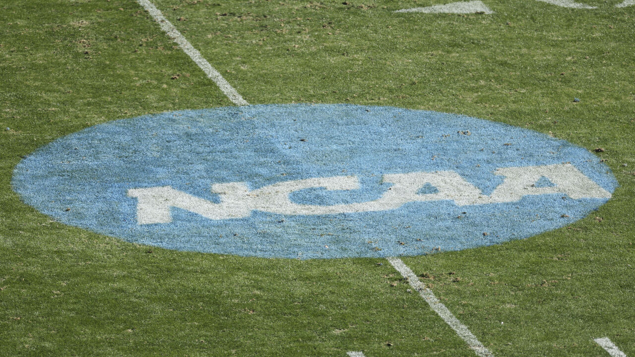 FRISCO, TX - JANUARY 08: A NCAA logo is seen on the field before the game between the South Dakota State Jackrabbits and the North Dakota State Bison in the Division I FCS Football Championship held at Toyota Stadium on January 8, 2023 in Frisco, Texas.