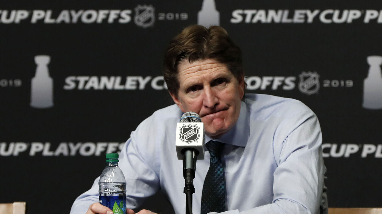 BOSTON, MA - APRIL 23: Toronto Maple Leafs head coach Mike Babcock taels to the media after Game 7 of the 2019 First Round Stanley Cup Playoffs between the Boston Bruins and the Toronto Maple Leafs on April 23, 2019, at TD Garden in Boston, Massachusetts.