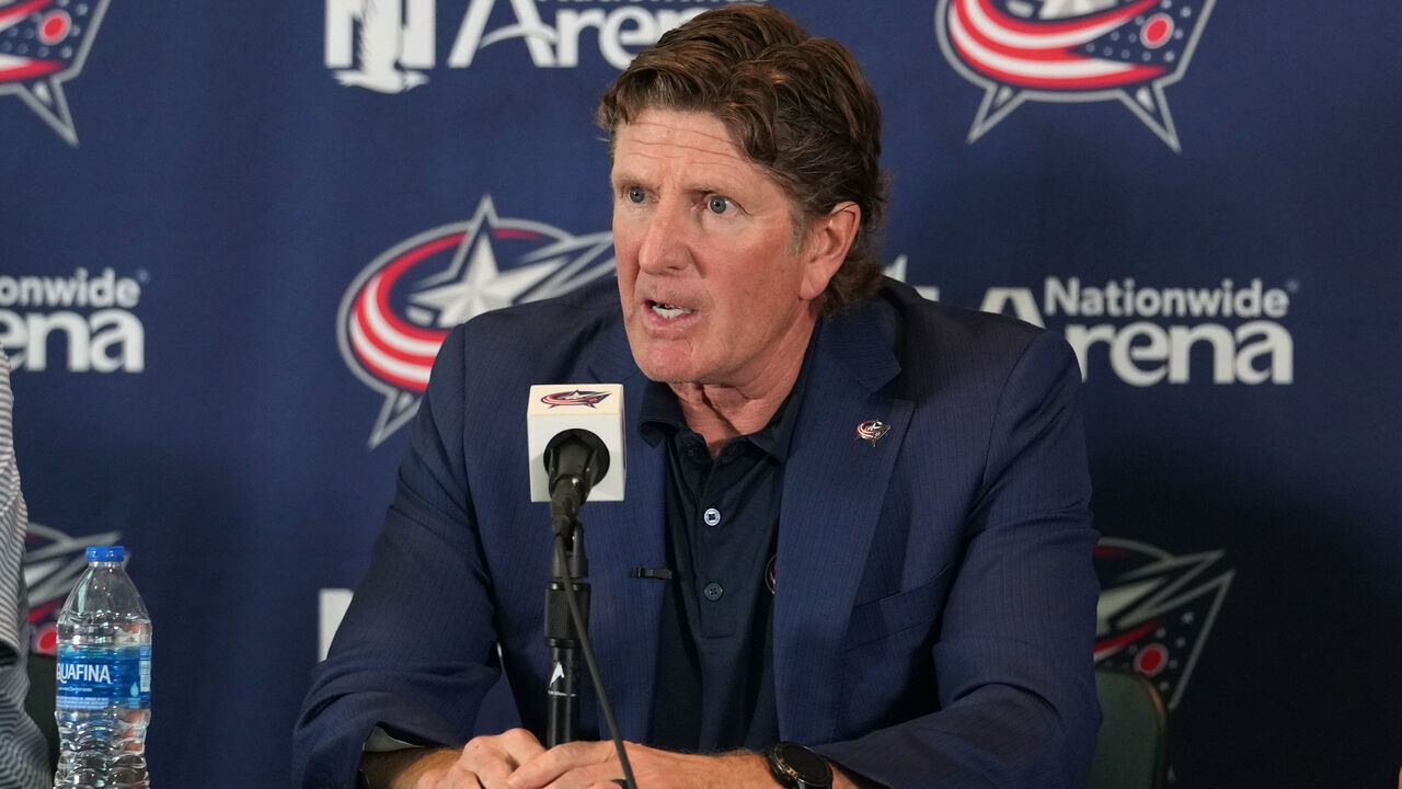 COLUMBUS, OHIO - JULY 01: Columbus Blue Jackets Head Coach Mike Babcock addresses member of the media during a press conference at Nationwide Arena on July 01, 2023 in Columbus, Ohio.
