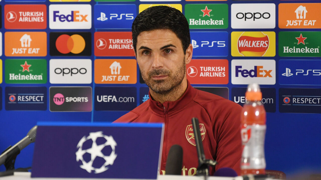 ST ALBANS, ENGLAND - SEPTEMBER 19: Arsenal manager Mikel Arteta attends a press conference at London Colney on September 19, 2023 in St Albans, England.