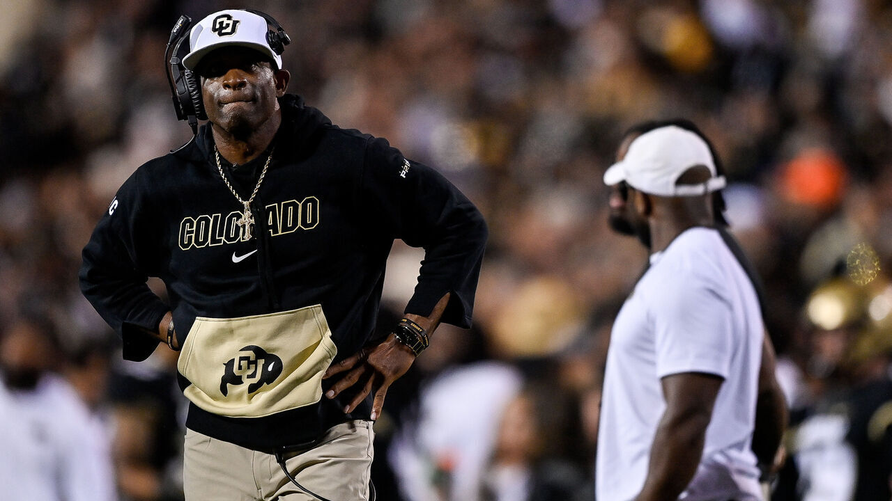 BOULDER, CO - SEPTEMBER 16: Head coach Deion Sanders of the Colorado Buffaloes looks on from the sideline in the third quarter against the Colorado State Rams at Folsom Field on September 16, 2023 in Boulder, Colorado.