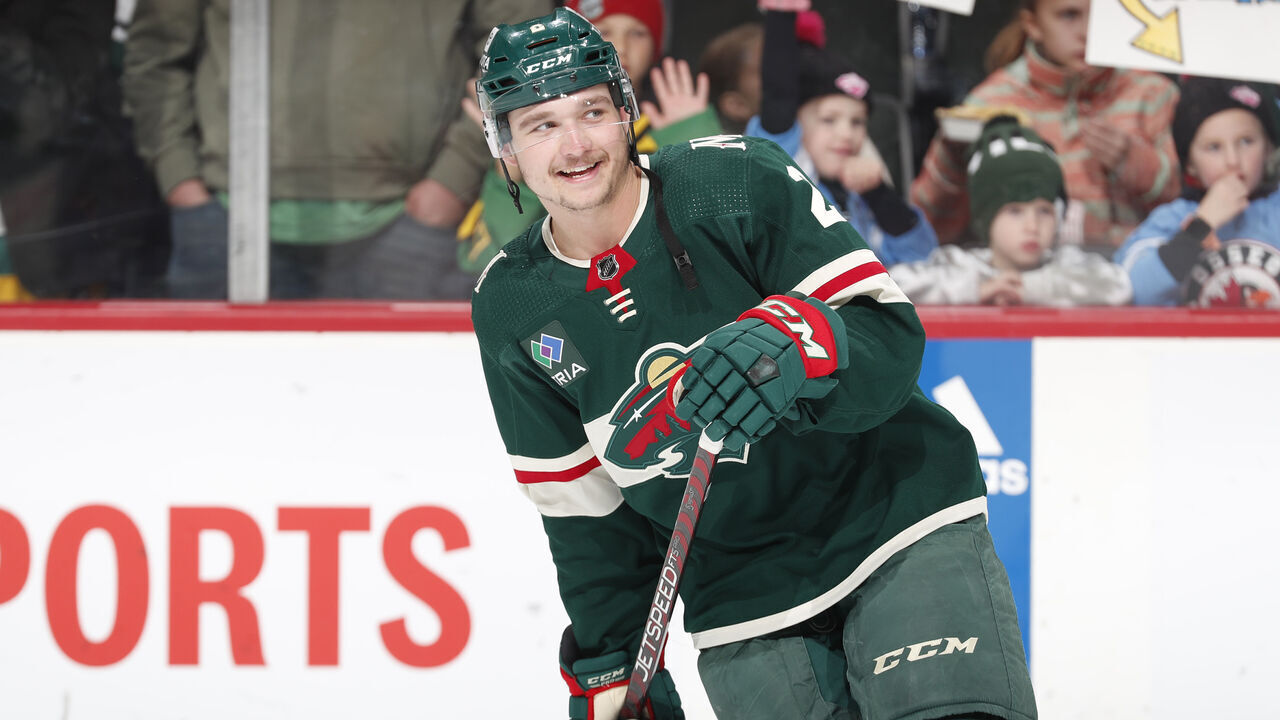 SAINT PAUL, MN - FEBRUARY 11: Calen Addison #2 of the Minnesota Wild warms up prior to the game against the New Jersey Devils at the Xcel Energy Center on February 11, 2023 in Saint Paul, Minnesota.