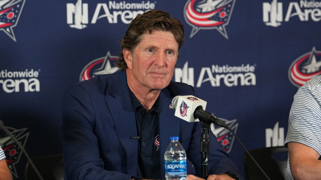 COLUMBUS, OHIO - JULY 01: Columbus Blue Jackets Head Coach Mike Babcock addresses member of the media during a press conference at Nationwide Arena on July 01, 2023 in Columbus, Ohio.
