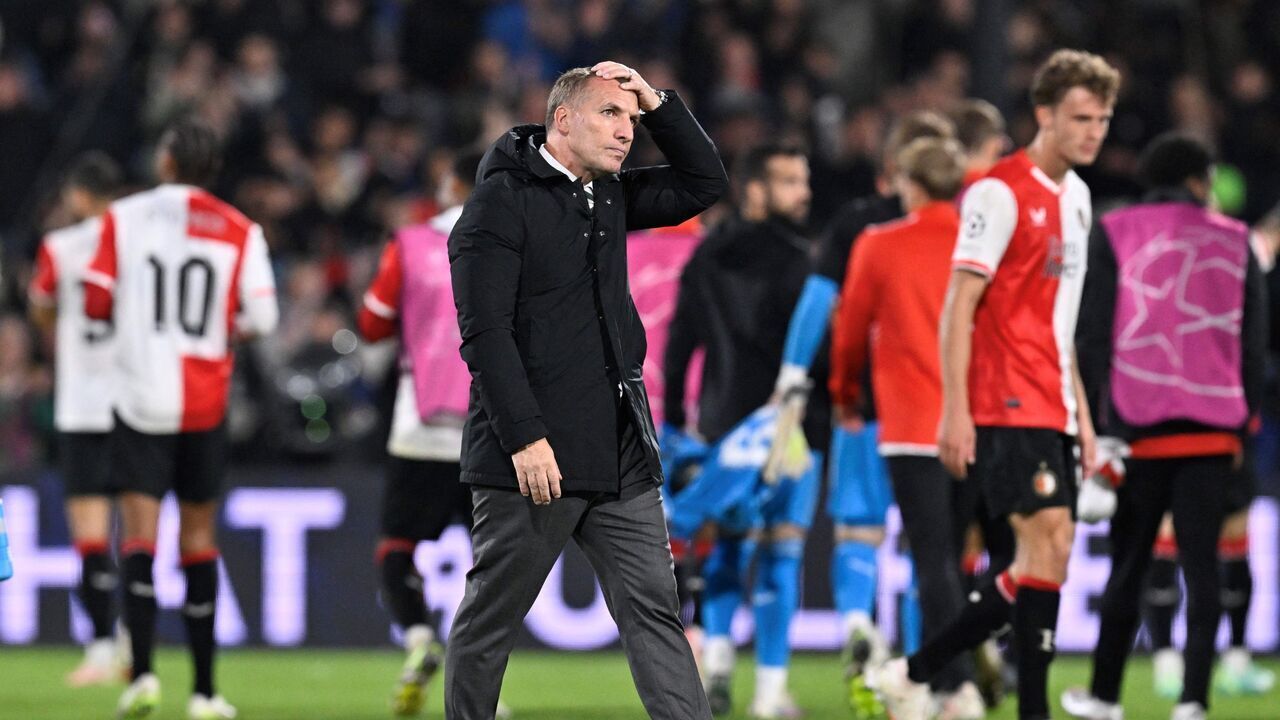 Celtic's Irish head coach Brendan Rodgers reacts at the end of the UEFA Champions League Group E football match between Feyenoord and Celtic FC at the Feyenoord Stadium in Rotterdam, on September 19, 2023.