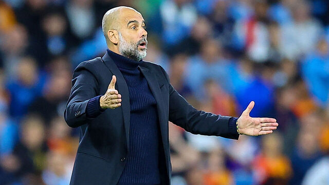 MANCHESTER, ENGLAND - SEPTEMBER 19: head coach Josep Guardiola of Manchester City gestures during the UEFA Champions League match between Manchester City and FK Crvena zvezda at Etihad Stadium on September 19, 2023 in Manchester, England.