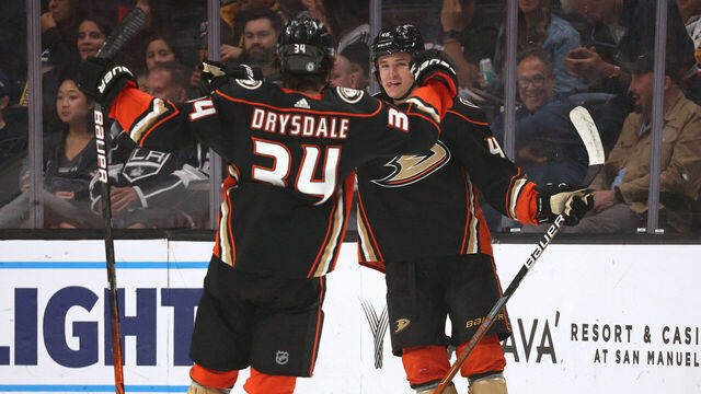 LOS ANGELES, CALIFORNIA - APRIL 23: Trevor Zegras #46 of the Anaheim Ducks celebrates his goal with Jamie Drysdale #34, to tie the game 1-1 with the Los Angeles Kings, during the second period at Crypto.com Arena on April 23, 2022 in Los Angeles, California.
