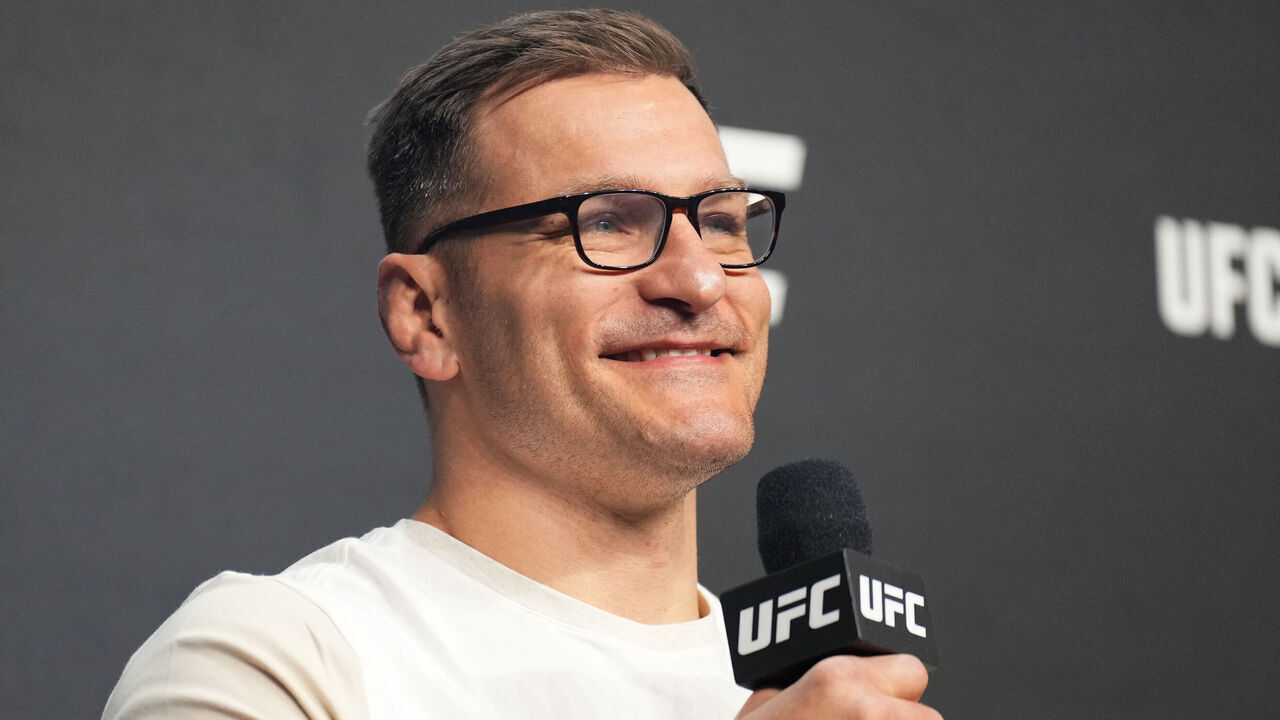 LAS VEGAS, NEVADA - MARCH 03: Former UFC heavyweight champion Stipe Miocic is seen on stage during the UFC 30th Anniversary Q&A session at MGM Grand Garden Arena on March 03, 2023 in Las Vegas, Nevada.