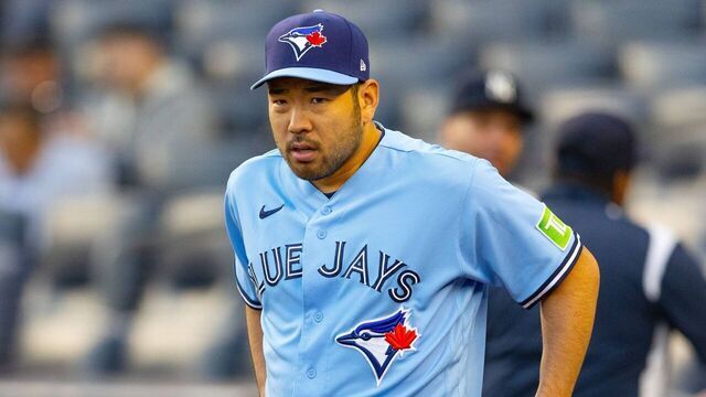BRONX, NY - SEPTEMBER 19: Yusei Kikuchi #16 of the Toronto Blue Jays walks out to warm up prior to the Major League Baseball game against the New York Yankees on September 19, 2023 at Yankee Stadium in the Bronx, New York.