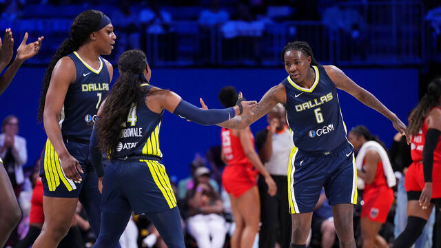 ARLINGTON, TX - SEPTEMBER 19: Natasha Howard #6 of the Dallas Wings high fives Arike Ogunbowale #24 of the Dallas Wings during round one game two of the 2023 WNBA Playoffs against the Atlanta Dream on September 19, 2023 at the College Park Center in Arlington, TX. Mandatory Copyright Notice: Copyright 2023 NBAE