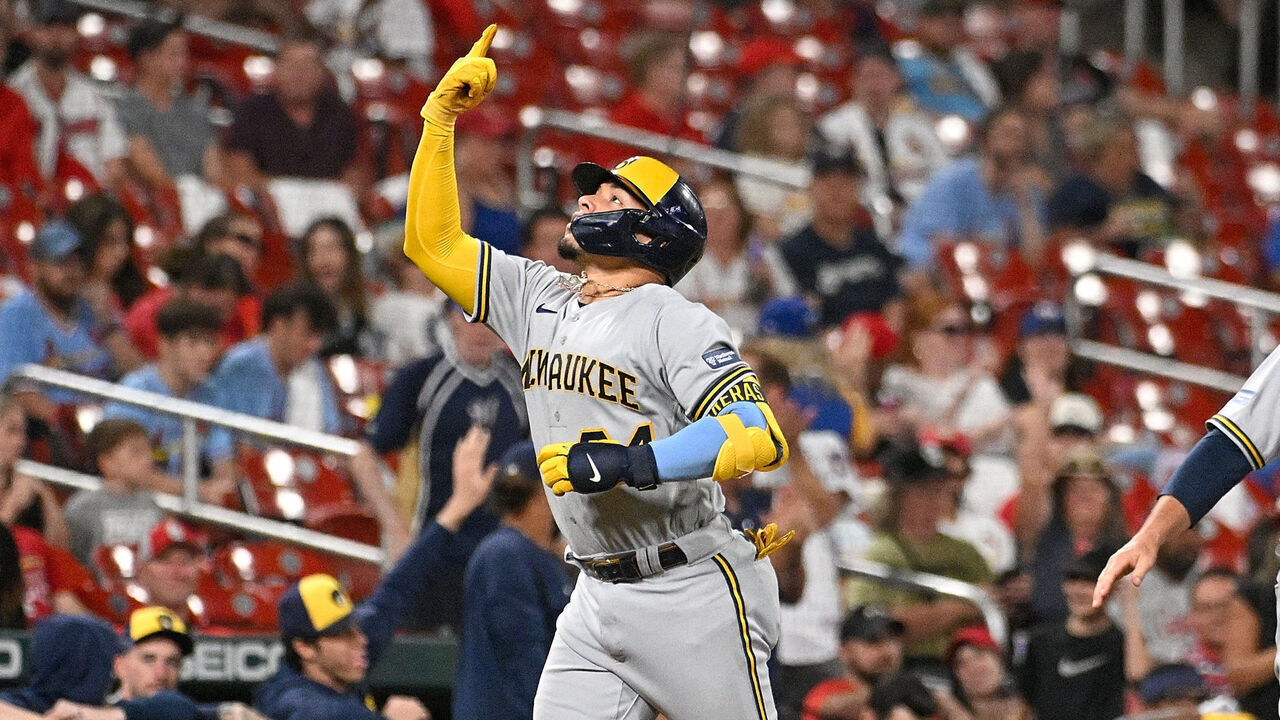 ST LOUIS, MISSOURI - SEPTEMBER 19: William Contreras #24 of the Milwaukee Brewers reacts after hitting a solo home run against the St. Louis Cardinals in the third inning at Busch Stadium on September 19, 2023 in St Louis, Missouri.