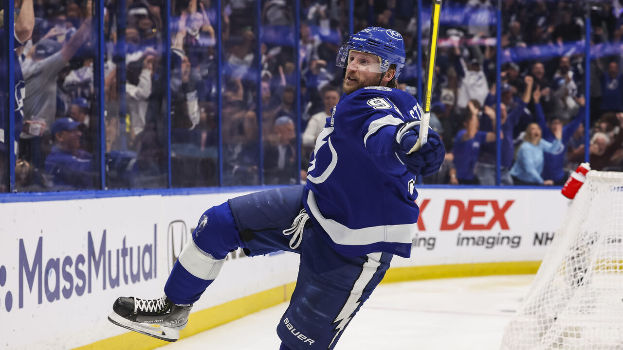 TAMPA, FL - APRIL 29: Steven Stamkos #91 of the Tampa Bay Lightning celebrates a goal against the Toronto Maple Leafs during the third period in Game Six of the First Round of the 2023 Stanley Cup Playoffs at Amalie Arena on April 29, 2023 in Tampa, Florida.