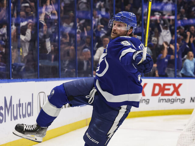 TAMPA, FL - APRIL 29: Steven Stamkos #91 of the Tampa Bay Lightning celebrates a goal against the Toronto Maple Leafs during the third period in Game Six of the First Round of the 2023 Stanley Cup Playoffs at Amalie Arena on April 29, 2023 in Tampa, Florida.