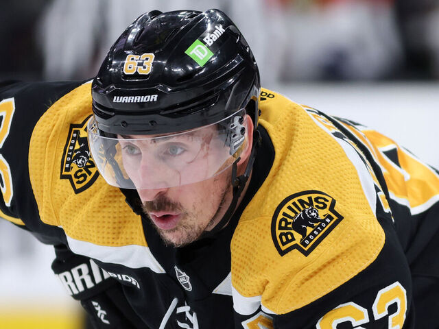 BOSTON, MASSACHUSETTS - APRIL 30: Brad Marchand #63 of the Boston Bruins looks on during the second period against the Florida Panthers in Game Seven of the First Round of the 2023 Stanley Cup Playoffs at TD Garden on April 30, 2023 in Boston, Massachusetts.