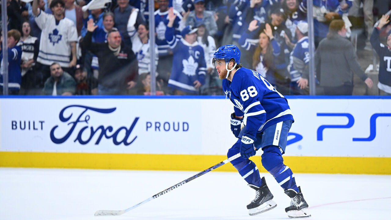 TORONTO, ON - MAY 12: Toronto Maple Leafs right wing William Nylander (88) celebrates his goal late in the third period during game 5 in the Eastern Conference Second Round between the Florida Panthers and the Toronto Maple Leafs on May 12, 2023, at Scotiabank Arena in Toronto, ON, Canada.