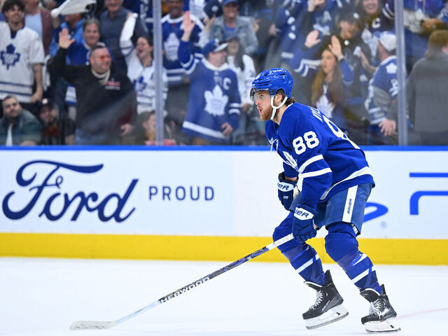 TORONTO, ON - MAY 12: Toronto Maple Leafs right wing William Nylander (88) celebrates his goal late in the third period during game 5 in the Eastern Conference Second Round between the Florida Panthers and the Toronto Maple Leafs on May 12, 2023, at Scotiabank Arena in Toronto, ON, Canada.