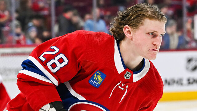 MONTREAL, QC - MARCH 07: Look on Montreal Canadiens center Christian Dvorak (28) at warm-up before the Carolina Hurricanes versus the Montreal Canadiens game on March 7, 2023, at Bell Centre in Montreal, QC