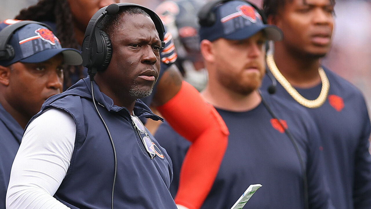 CHICAGO, ILLINOIS - AUGUST 26: Defensive coordinator Alan Williams of the Chicago Bears looks on against the Buffalo Bills during the first half of a preseason game at Soldier Field on August 26, 2023 in Chicago, Illinois.