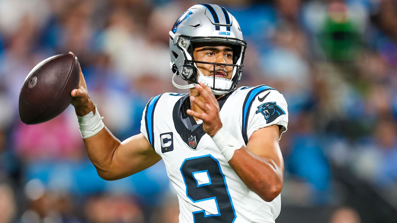 CHARLOTTE, NC - SEPTEMBER 18: Bryce Young #9 of the Carolina Panthers attempts to throw the ball during a football game against the New Orleans Saints at Bank of America Stadium in Charlotte, North Carolina on Sep 18, 2023.