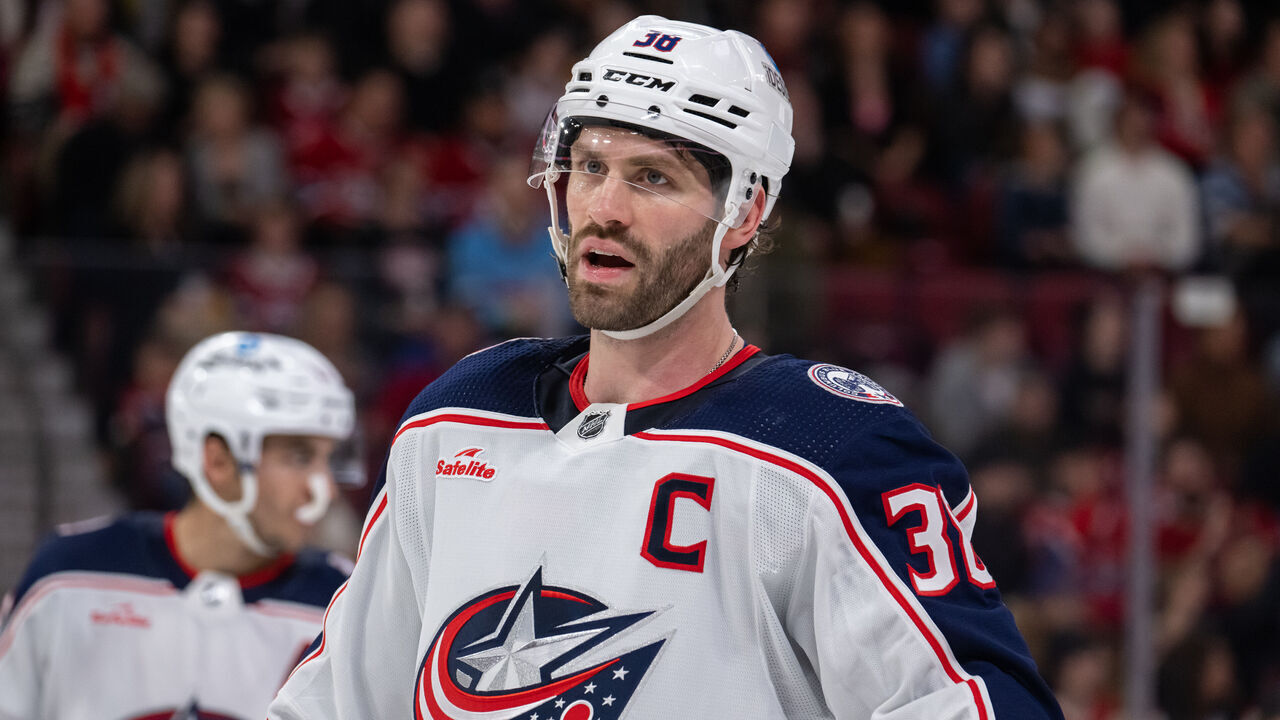MONTREAL, QC - MARCH 25: Boone Jenner (38) of the Columbus Blue Jackets looks on during the second period of the NHL game between the Columbus Blue Jackets and the Montreal Canadiens on March 25, 2023, at the Bell Centre in Montreal, QC