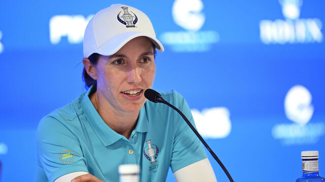 CASARES, SPAIN - SEPTEMBER 20: Carlota Ciganda of Team Europe talks with the media during a press conference prior to the The Solheim Cup at Finca Cortesin Golf Club on September 20, 2023 in Casares, Spain.