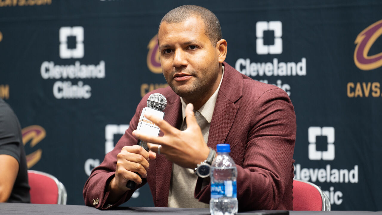CLEVELAND, OHIO - SEPTEMBER 26: President of Basketball Operations Koby Altman for the Cleveland Cavaliers answers questions during Media Day at Rocket Mortgage Fieldhouse on September 26, 2022 in Cleveland, Ohio. NOTE TO USER: User expressly acknowledges and agrees that, by downloading and/or using this photograph, user is consenting to the terms and conditions of the Getty Images License Agreement.