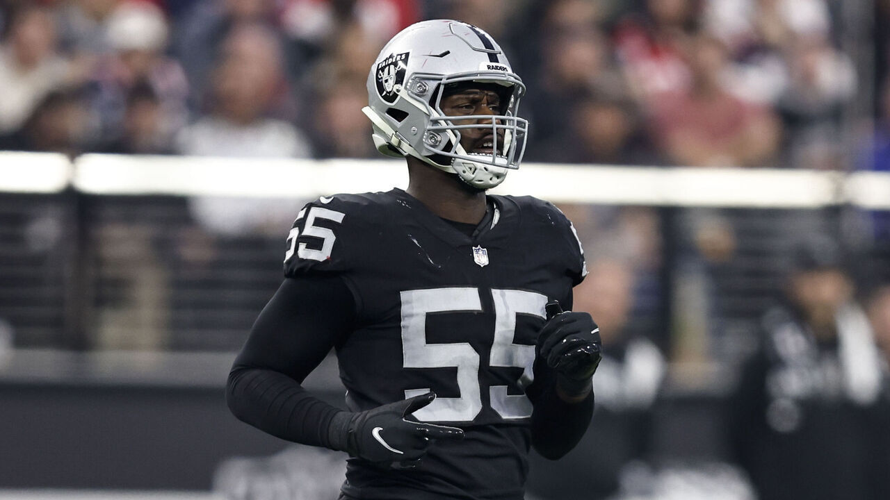 LAS VEGAS, NEVADA - DECEMBER 18: Chandler Jones #55 of the Las Vegas Raiders runs during an NFL football game between the Las Vegas Raiders and the New England Patriots at Allegiant Stadium on December 18, 2022 in Las Vegas, Nevada.