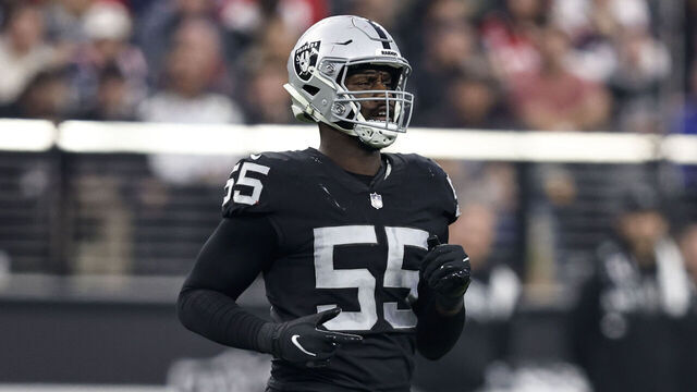 LAS VEGAS, NEVADA - DECEMBER 18: Chandler Jones #55 of the Las Vegas Raiders runs during an NFL football game between the Las Vegas Raiders and the New England Patriots at Allegiant Stadium on December 18, 2022 in Las Vegas, Nevada.