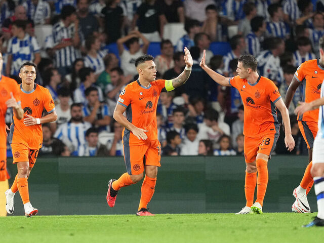 SAN SEBASTIAN, SPAIN - SEPTEMBER 20: Lautaro Martinez of Inter Milan celebrates after scoring their sides first goal during the UEFA Champions League match between Real Sociedad and FC Internazionale at Reale Arena on September 20, 2023 in San Sebastian, Spain.
