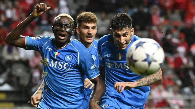 Napoli's Nigerian forward #09 Victor Osimhen (L), Napoli's Italian defender #22 Giovanni Di Lorenzo (C) and Napoli's Uruguayan defender #17 Mathias Olivera (R) celebrate scoring their team's second goal during the UEFA Champions League 1st round day 1 group C football match between SC Braga and Napoli at the Municipal stadium of Braga on September 20, 2023.