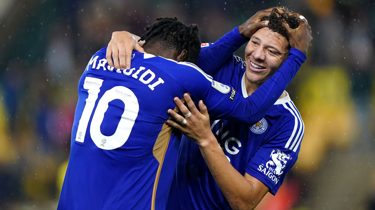 Leicester City's Stephy Mavididi congratulates Kasey McAteer following the Sky Bet Championship match at Carrow Road, Norwich. Picture date: Wednesday September 20, 2023.