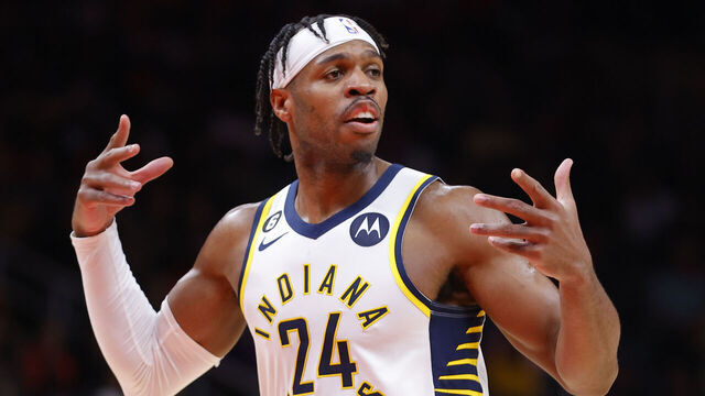 ATLANTA, GA - MARCH 25: Buddy Hield #24 of the Indiana Pacers reacts during the second half against the Atlanta Hawks at State Farm Arena on March 25, 2023 in Atlanta, Georgia.