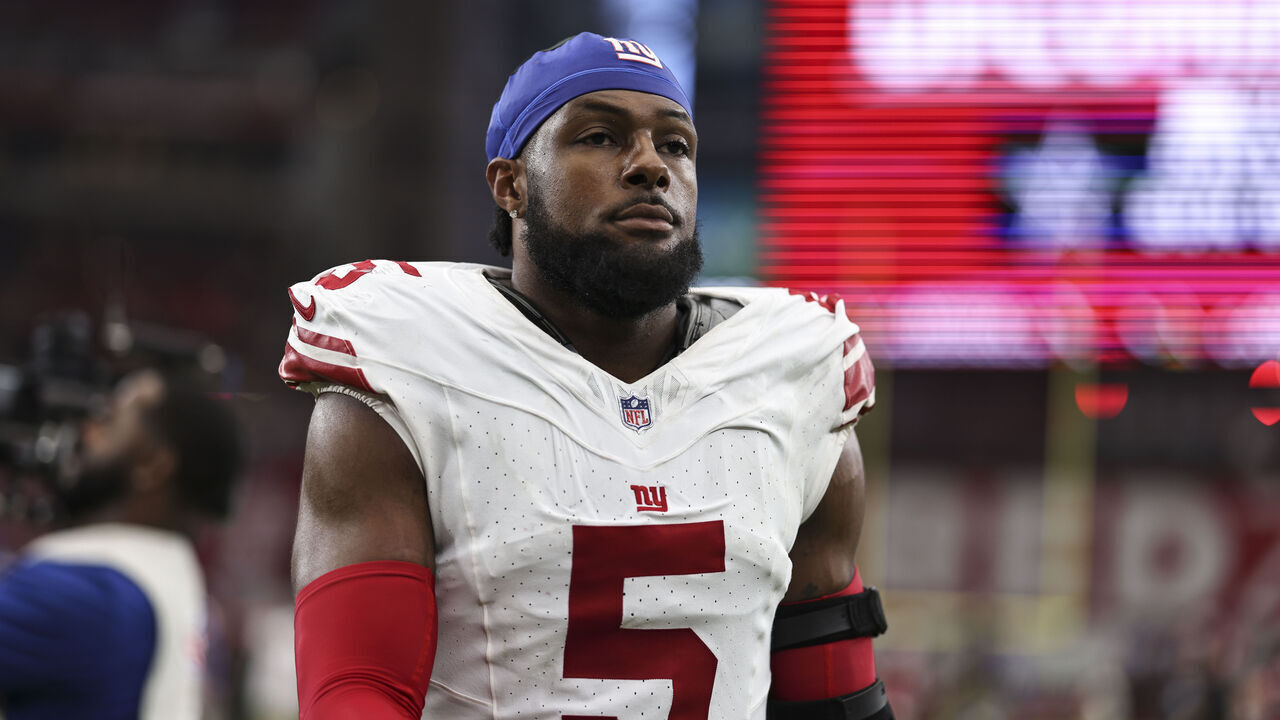 GLENDALE, ARIZONA - SEPTEMBER 17: Kayvon Thibodeaux #5 of the New York Giants looks on following an NFL football game between the Arizona Cardinals and the New York Giants at State Farm Stadium on September 17, 2023 in Glendale, Arizona.