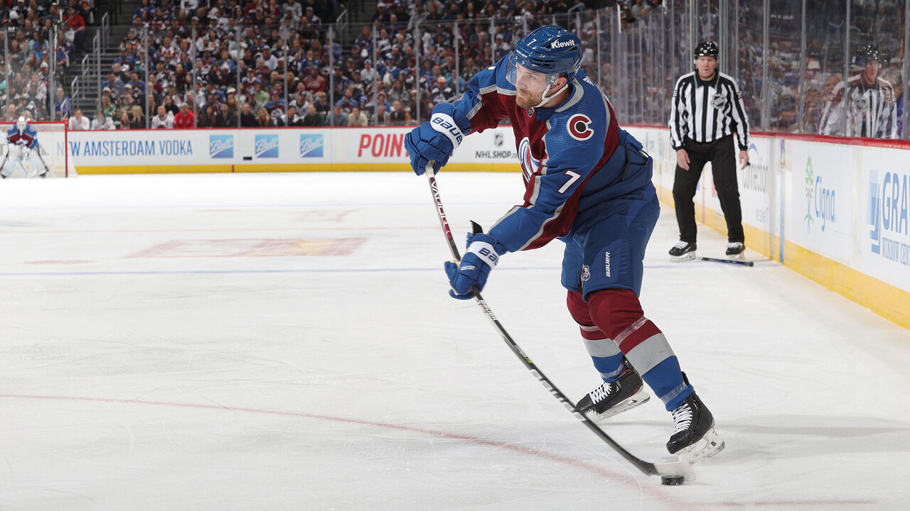 DENVER, COLORADO - APRIL 18: Devon Toews #7 of the Colorado Avalanche shoots against the Seattle Kraken in Game One of the First Round of the 2023 Stanley Cup Playoffs at Ball Arena on April 18, 2023 in Denver, Colorado.