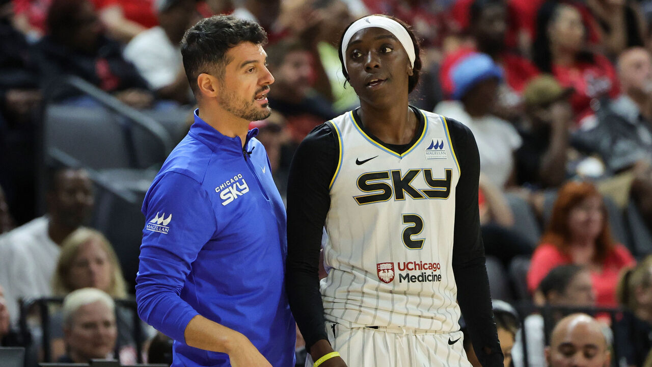 LAS VEGAS, NEVADA - SEPTEMBER 17: General manager and interim head coach Emre Vatansever of the Chicago Sky talks with Kahleah Copper #2 in the fourth quarter of Game Two of the 2023 WNBA Playoffs first round against the Las Vegas Aces at Michelob ULTRA Arena on September 17, 2023 in Las Vegas, Nevada. The Aces defeated the Sky 92-70 to win the series two games to none.