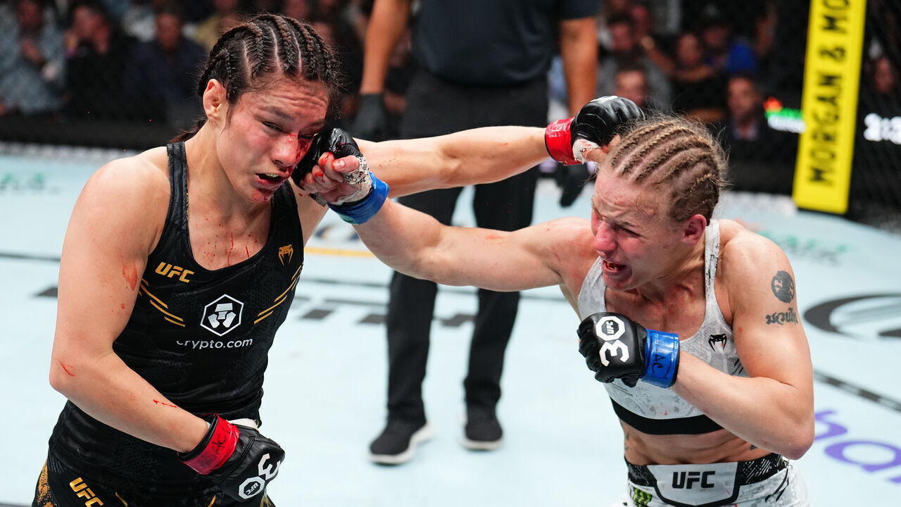 LAS VEGAS, NEVADA - SEPTEMBER 16: (R-L) Valentina Shevchenko of Kyrgyzstan punches Alexa Grasso of Mexico in the UFC flyweight championship fight during the Noche UFC event at T-Mobile Arena on September 16, 2023 in Las Vegas, Nevada.
