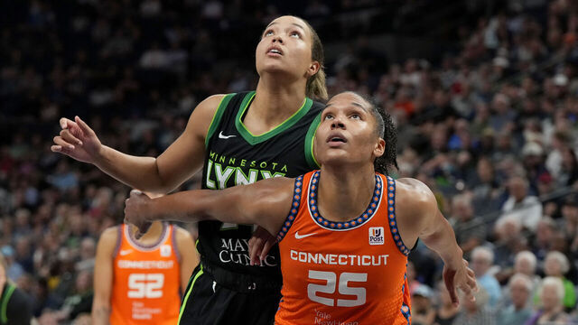 MINNEAPOLIS, MN - SEPTEMBER 20: Napheesa Collier #24 of the Minnesota Lynx and Alyssa Thomas #25 of the Connecticut Sun look on during round one game three of the 2023 WNBA Playoffs on September 20, 2023 at Target Center in Minneapolis, Minnesota. Mandatory Copyright Notice: Copyright 2023 NBAE
