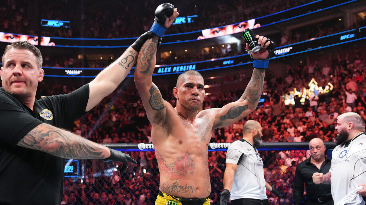 SALT LAKE CITY, UTAH - JULY 29: Alex Pereira of Brazil celebrates his victory over Jan Blachowicz of Poland in a light heavyweight fight during the UFC 291 event at Delta Center on July 29, 2023 in Salt Lake City, Utah.