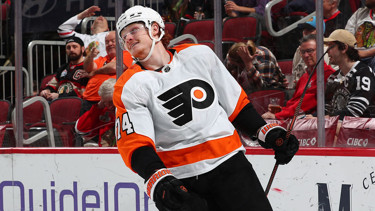 CHICAGO, ILLINOIS - APRIL 13: Owen Tippett #74 of the Philadelphia Flyers reacts after scoring against the Chicago Blackhawks in the second period at United Center on April 13, 2023 in Chicago, Illinois.