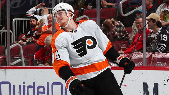 CHICAGO, ILLINOIS - APRIL 13: Owen Tippett #74 of the Philadelphia Flyers reacts after scoring against the Chicago Blackhawks in the second period at United Center on April 13, 2023 in Chicago, Illinois.