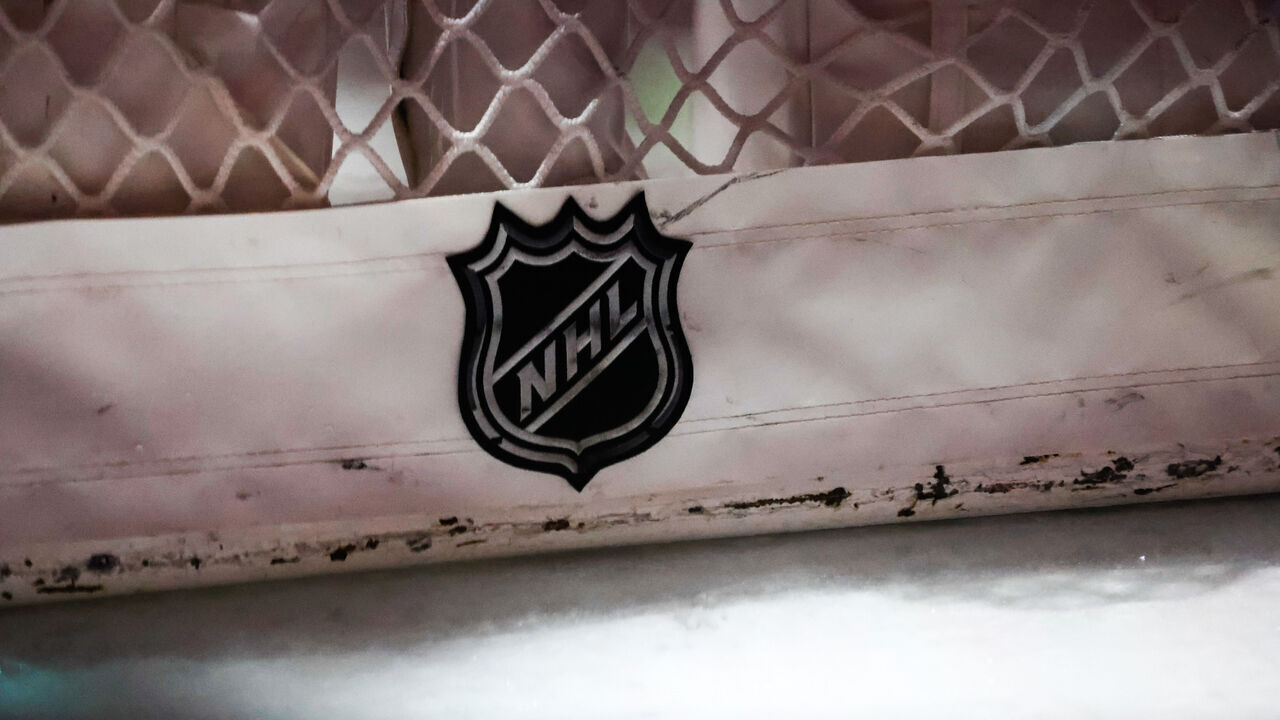 RALEIGH, NC - APRIL 04: NHL logo on a goal net prior to the first period the game Carolina Hurricanes against the Ottawa Senators at PNC Arena on April 04, 2023 in Raleigh, North Carolina. *