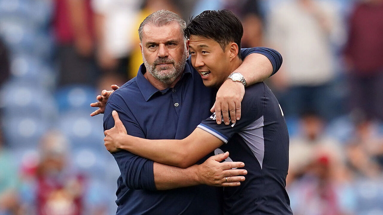 Tottenham Hotpsur manager Ange Postecoglou and Son Heung-min after the final whistle of the Premier League match at Turf Moor, Burnley. Picture date: Saturday September 2, 2023.