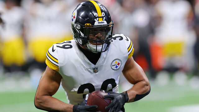 ATLANTA, GEORGIA - DECEMBER 04: Minkah Fitzpatrick #39 of the Pittsburgh Steelers intercepts a pass against the Atlanta Falcons during the fourth quarter at Mercedes-Benz Stadium on December 04, 2022 in Atlanta, Georgia.